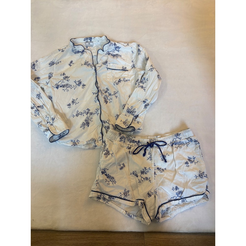 Petite Plume Pajama Set Womens Large White Blue Floral Cotton Top Shorts 2pc